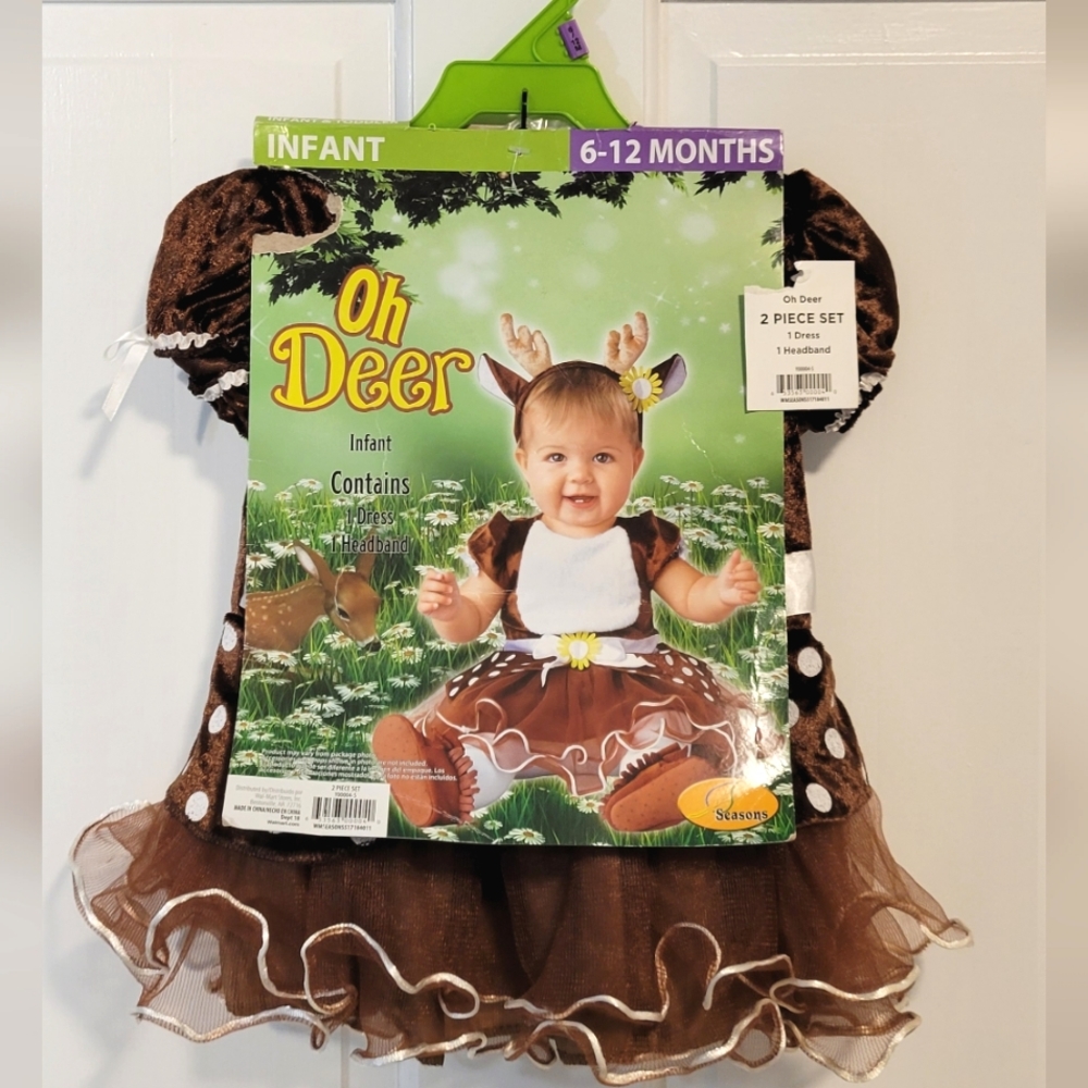 NEW-Infant Deer Halloween Costume-Dress & Headband-Size 6-12 Months-Brown, White
